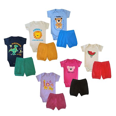 kit 6 peças Roupa Bebê Body e Shorts com Punhos, Menino e Menina em Algodão com Elstano