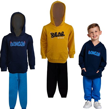 Kit 2 Conjuntos Moletom Infantil Masculino Blusa Calça Flanelado c/ capuz Bolso Canguru Punhos Tamanho 04-08