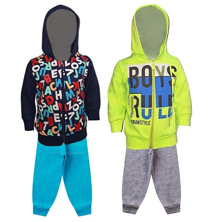 Kit 2 Conjunto Moletom Infantil Masculino Blusa Calça Flanelado Capuz Ziper Punhos Roupa Menino 1-3