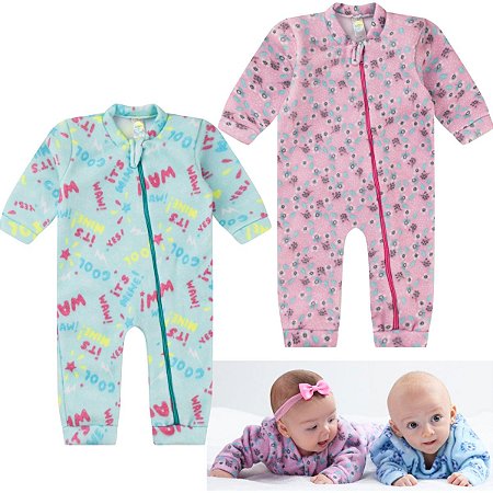 KIt 2 Macacão Bebê Longo em Soft com Protetor de Ziper Punhos para Menino ou  Menina Tamanho 01 ao 03