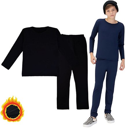 Conjunto Térmico Calça e Blusa Segunda Pele Flanelado Juvenil Menino Menina Quentinho para Inverno Tam 04-16