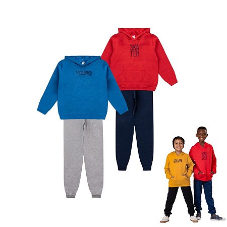 Kit 2 Conjuntos Moletom Infantil Juvenil Masculino Calça e Blusa Flanelados c/ Capuz Bolso Canguru Tam 10 ao 14