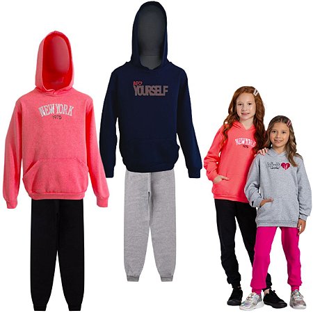 Kit 2 Conjuntos Moletom Infantil Juvenil Feminino Calça e Blusa Flanelados c/ Capuz Bolso Canguru Tam 10 ao 14