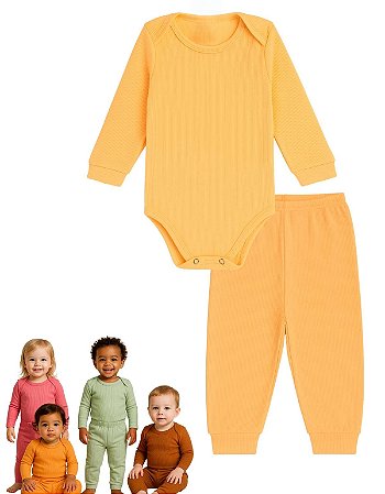 Kit 2 Peças Roupa Bebê Body Mijão Básico Liso Canelado Punhos Menino e Menina Suedine 100% Algodão RN ao GG