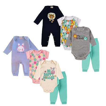 Kit 4 peças, Body  bebê Longo e Curto Macacão , Menino e Menina, Suedine algodão P-GG