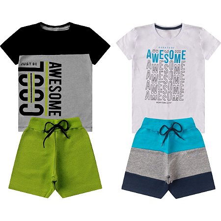 Kit 2 Conjuntos Verão Infantil Juvenil Masculino Camiseta reforço na gola Bermuda Moletinho cadarço Roupa Menino 04 - 16