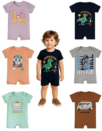 Kit3 Romper Bebê Algodão Macaquinho Verão Menino Menina manga curta gola envelope botão pressão P-GG