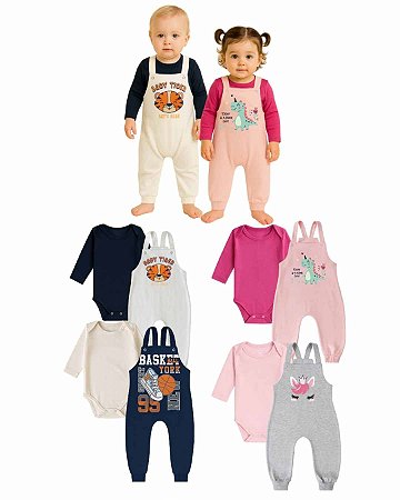 Kit2 Jardineira Bebê Longa Algodão Menino Menina body gola envelope botão pressão ajuste altura P-GG