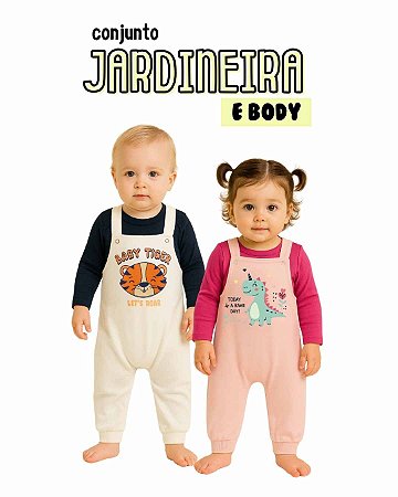 kit Jardineira Bebê Longa Algodão Menino Menina body gola envelope botão pressão ajuste altura P-GG