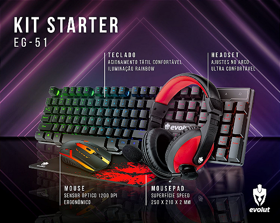 KIT GAMER STARTER LED MOUSE / TECLADO / HEADSET / PAD – EG-51 - EVOLUT COMBO