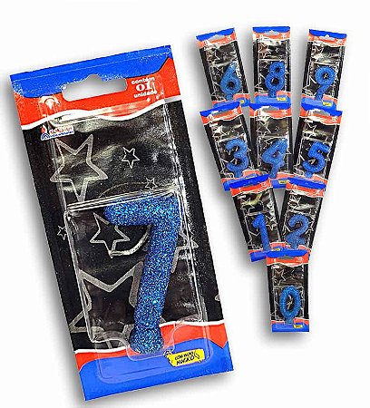 Vela Shine Collor Glitter Azul Números - Alchester