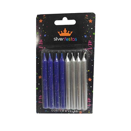 Vela Palito Prata e Azul com 8 unidades - Silver