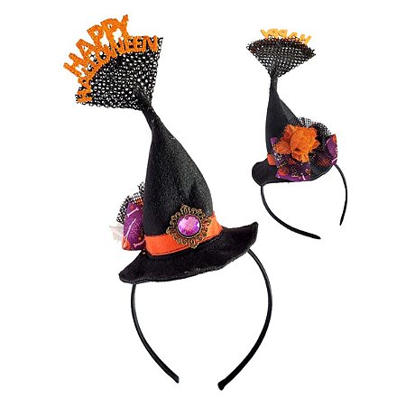 Kit 10 Tiaras Mini Chapéu Fantasia Bruxa Halloween Festa Ata