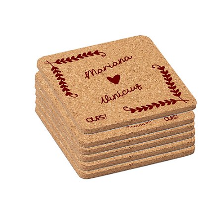 93827 - Kit com 6 unidades Porta Copos de Cortiça Personalizado Casal