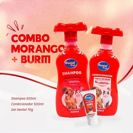 Kit Combo Shampoo e Condicionador Morango + Buriti e Gel Dental Morango p/ Cães e Gatos