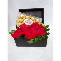 Baú com 5 rosas e Ferrero Rocher