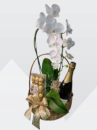 Cesta com orquidea chocolate e espumante