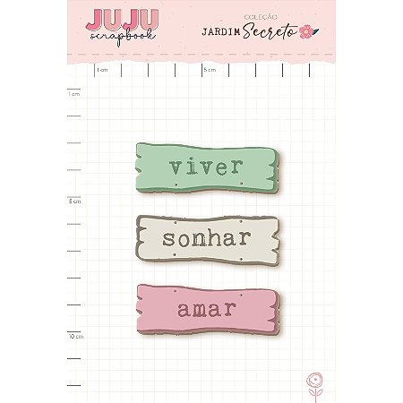 Colecao Jardim Secreto - Enfeite Chipboard Colorido Viver, Sonhar e Amar - Juju Scrapbook