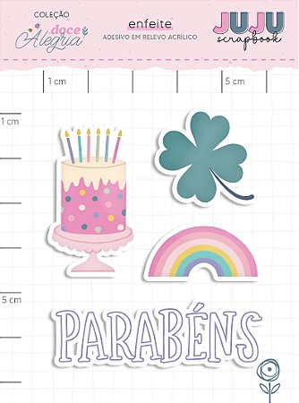 Coleção Doce Alegria - Adesivo em relevo Acrilico Parabéns - Juju Scrapbook