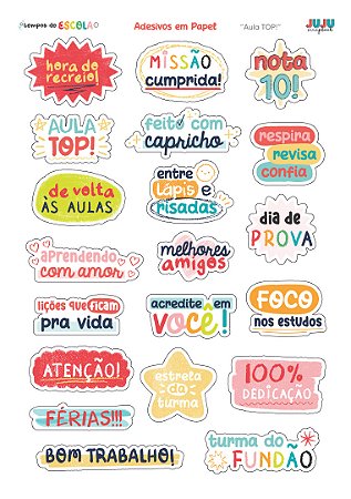 Coleção Tempos de Escola - Cartela de Adesivos em papel - Aula TOP! - Juju Scrapbook