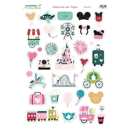 Coleção Um Mundo de Maravilhas - Cartela de Adesivos em papel - Castelo - Juju Scrapbook