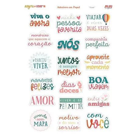 Coleção Alegria de Viver - Cartela de Adesivos em papel - VIVER - JUJU Scrapbook