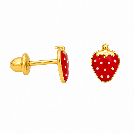 Brinco em Ouro 18k Morango Esmaltado Infantil