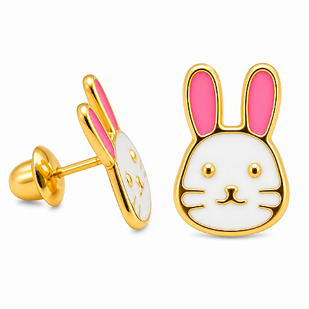 Brinco em Ouro 18k Coelho Esmaltado Infatil