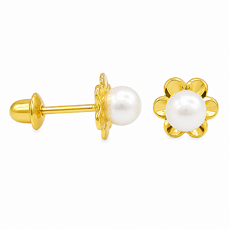 Brinco em Ouro 18k Pérola 3 mm com Flor