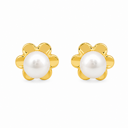 Brinco em Ouro 18k Pérola 3 mm com Flor