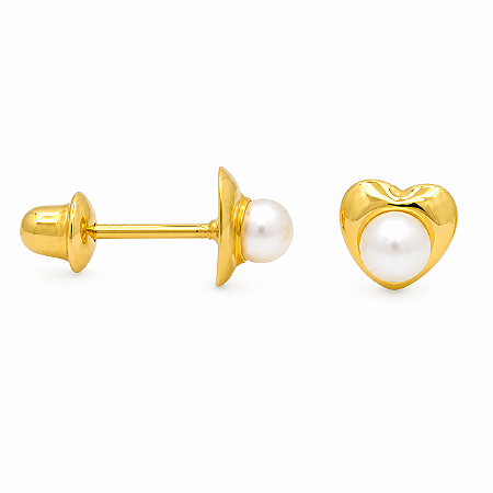 Brinco em Ouro 18k Pérola com Aro Coração Baby (infatil)