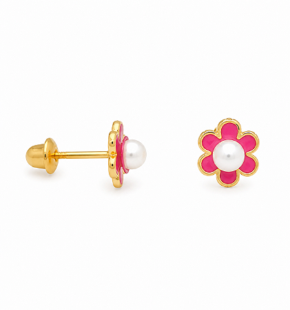 Brinco em Ouro 18k Pérola com Flor Baby