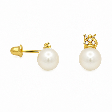 Brinco em Ouro 18k Pérola com Zircônias Baby (Par)