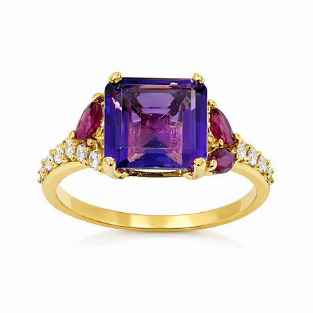 Anel em Ouro 18K com Ametista, Rubi e Diamante