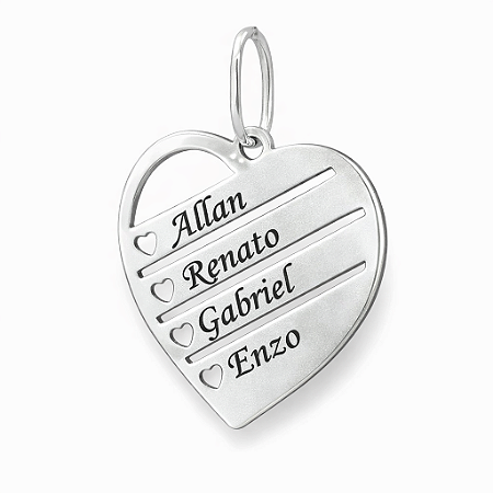 Pingente em Prata 925 Coração 4 nomes personalizado