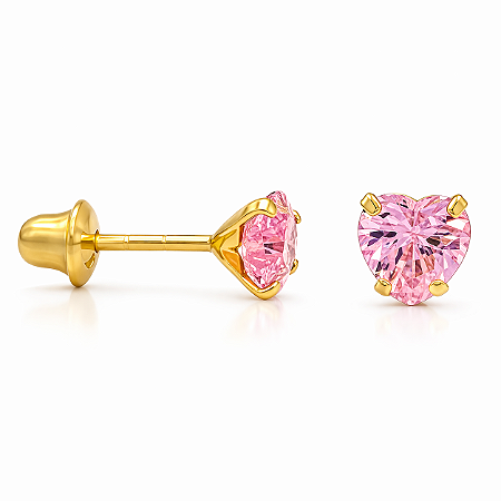 Brinco em Ouro 18K com Zirconia Coração Rosa