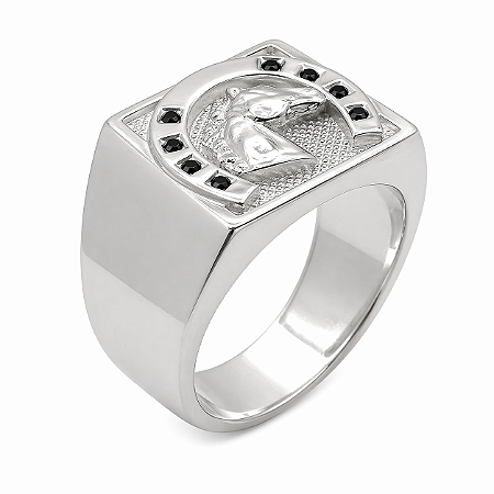 Anel em Prata 925 Cavalo com Zirconias Negras.