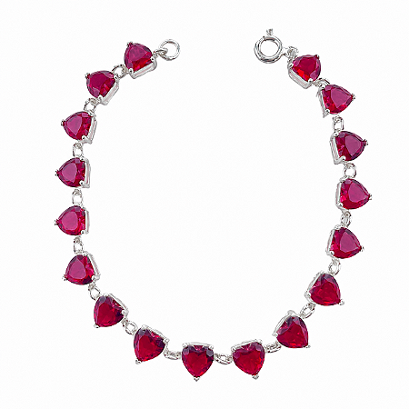 Pulseira em Prata 925 com Zirconias de Coração Vermelhas