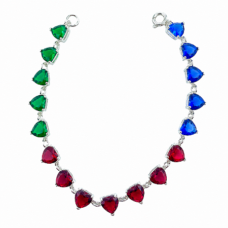 Pulseira em Prata 925 com Zirconias de Coraçãos Verde Vermelha e Azul