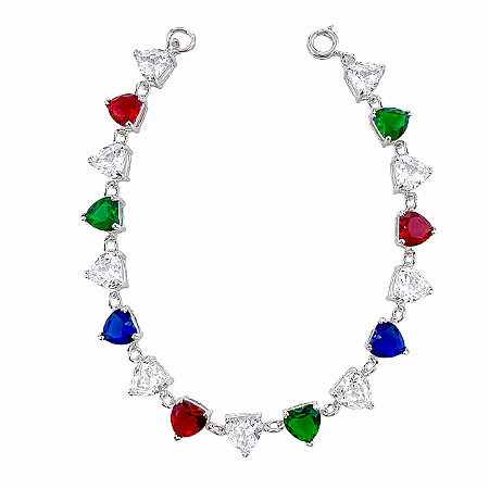 Pulseira em Prata 925 com Zirconias de Coraçãos Coloridos