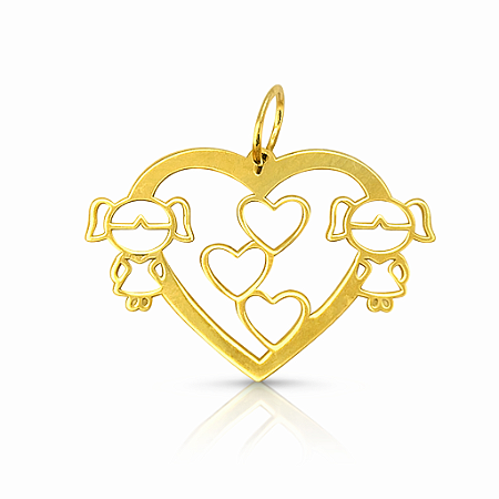 Pingente em Ouro 18K Coração com Duas meninas