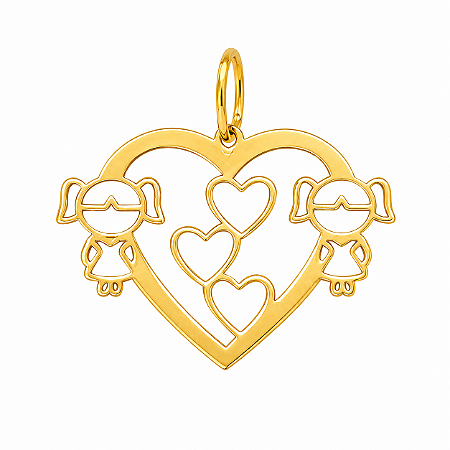 Pingente em Ouro 18K Coração com Duas meninas