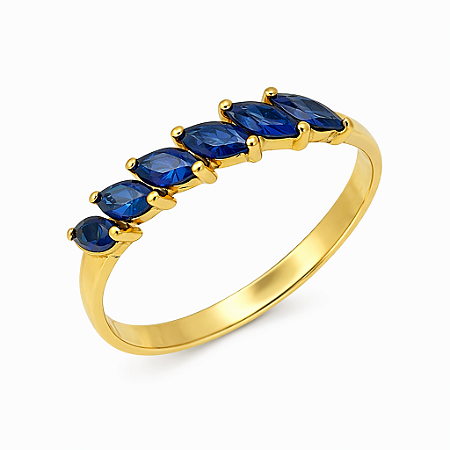 Anel em Ouro 18K Com 7 Safiras Navetes