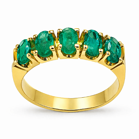 Anel em Ouro 18K Com 5 Esmeraldas Ovais