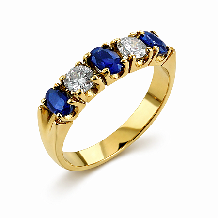 Anel em Ouro 18K Meia Aliança com Diamantes e Safiras