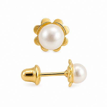 Brinco em Ouro 18k Pérola com Flor