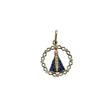Pingente em Ouro 18k Nossa Senhora com Zirconia Azul