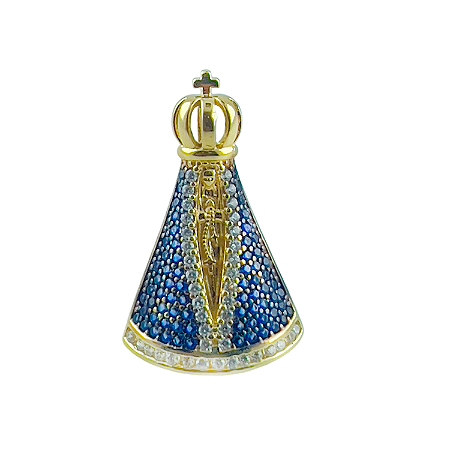 Pingente em Ouro 18k Nossa Senhora com Zirconia Azul e Brancas
