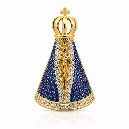 Pingente em Ouro 18k Nossa Senhora com Zirconia Azul e Brancas