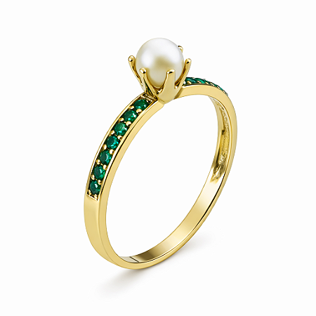 Anel em Ouro 18k Com Pérola e Esmeraldas